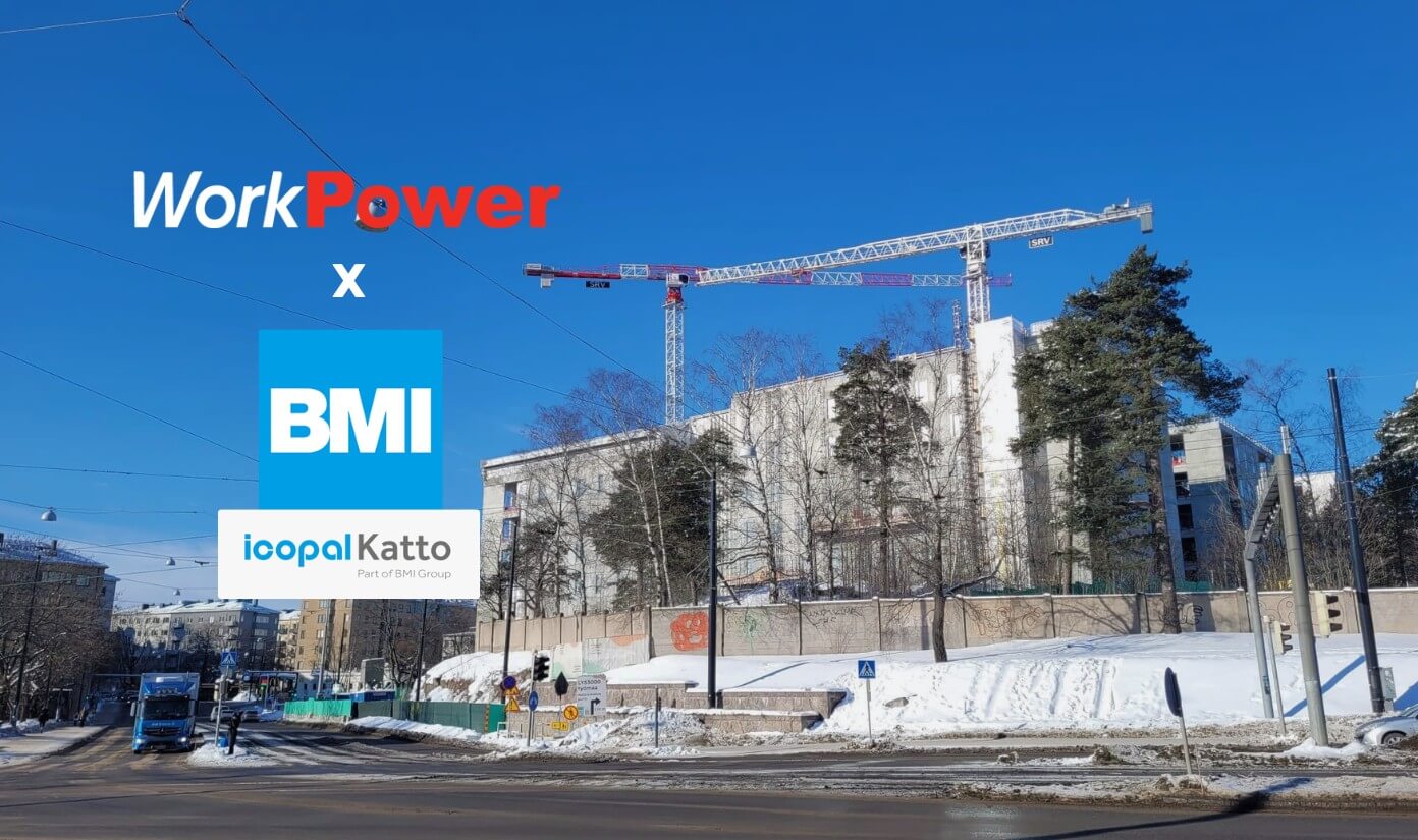Kuvassa Laakson sairaalan työmaa ulkoa sekä WorkPowerin ja BMI groupin ja Icopal Katon logot.
