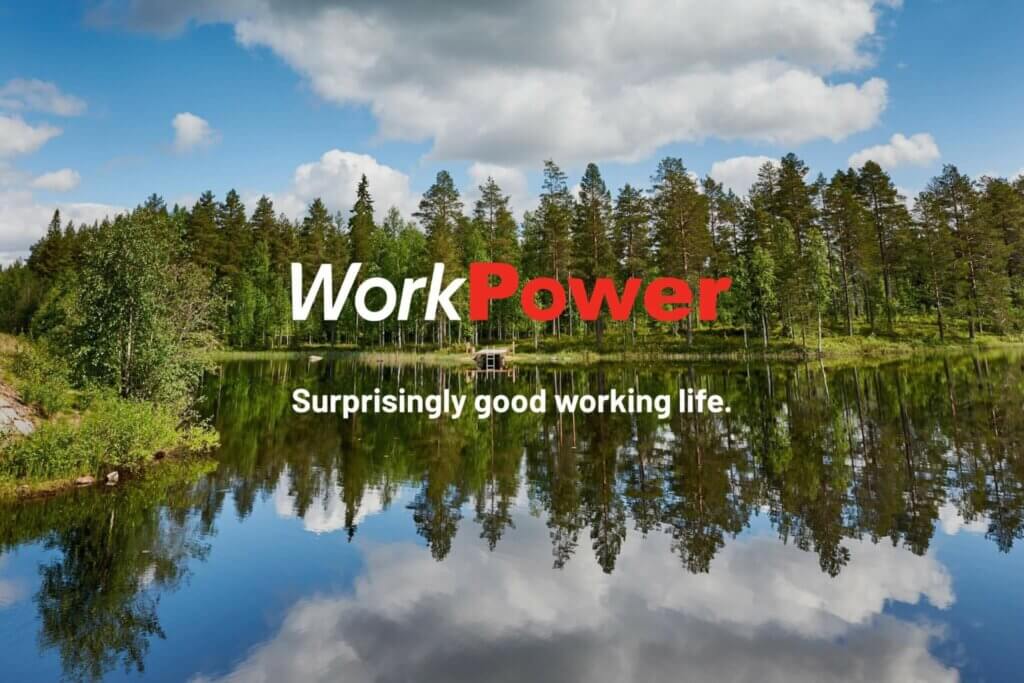 A photo of a Finnish lake landscape and WorkPower logo.
