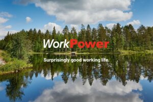 A photo of a Finnish lake landscape and WorkPower logo.